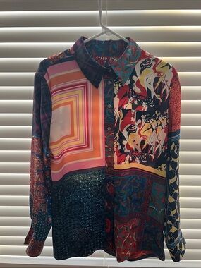 STAUD Multicolor Patchwork Print Silk Button-Down Blouse